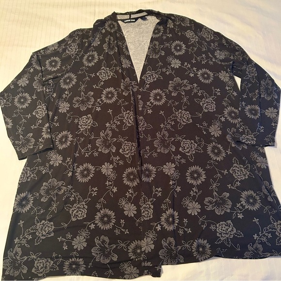 Lands' End Set Black Floral Drapey Kimono Open Front White Tee Top Plus size 1X - Picture 12 of 16
